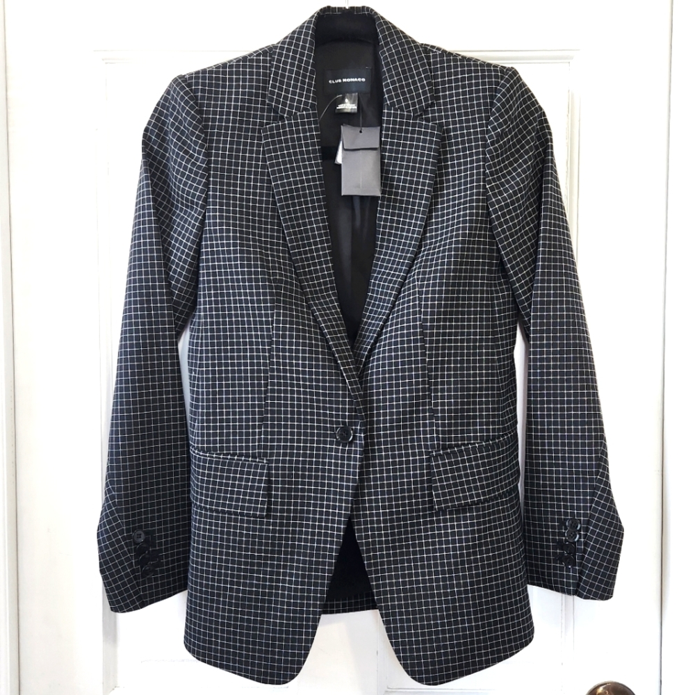 Club Monaco Black & White Grid Windowpane Plaid Wool Blend Blazer Suit Jacket